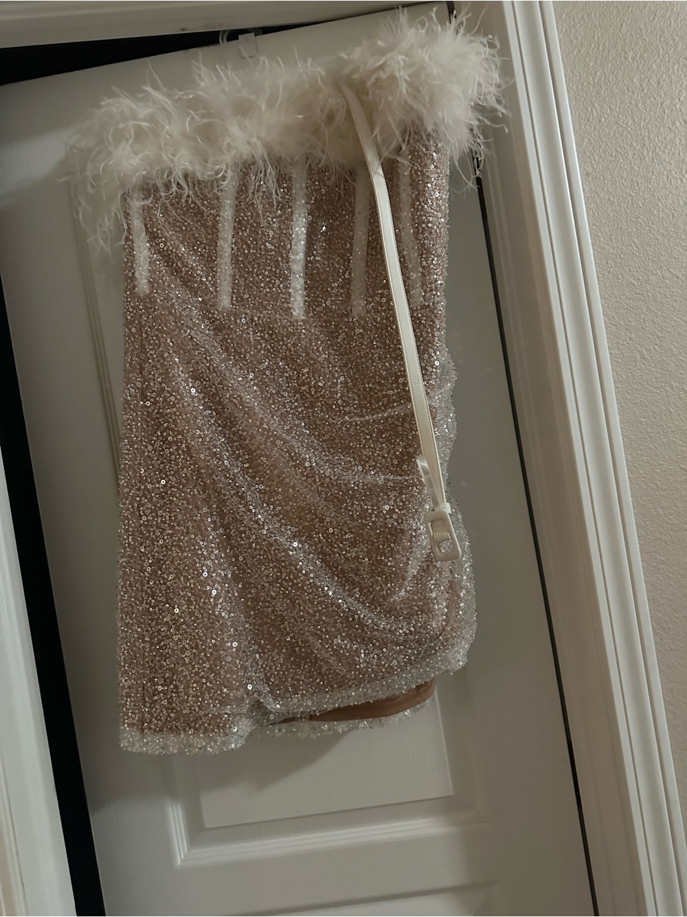 Nadine Merabi White Feather-Trim Strapless Sequin Mini Dress - Picture 4 of 6